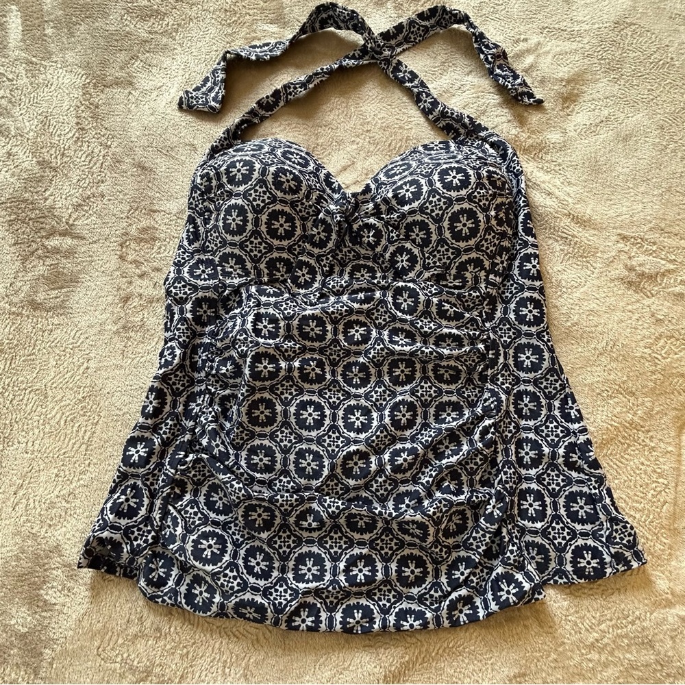 Merona navy blue and white pattern tie tankini top Size L